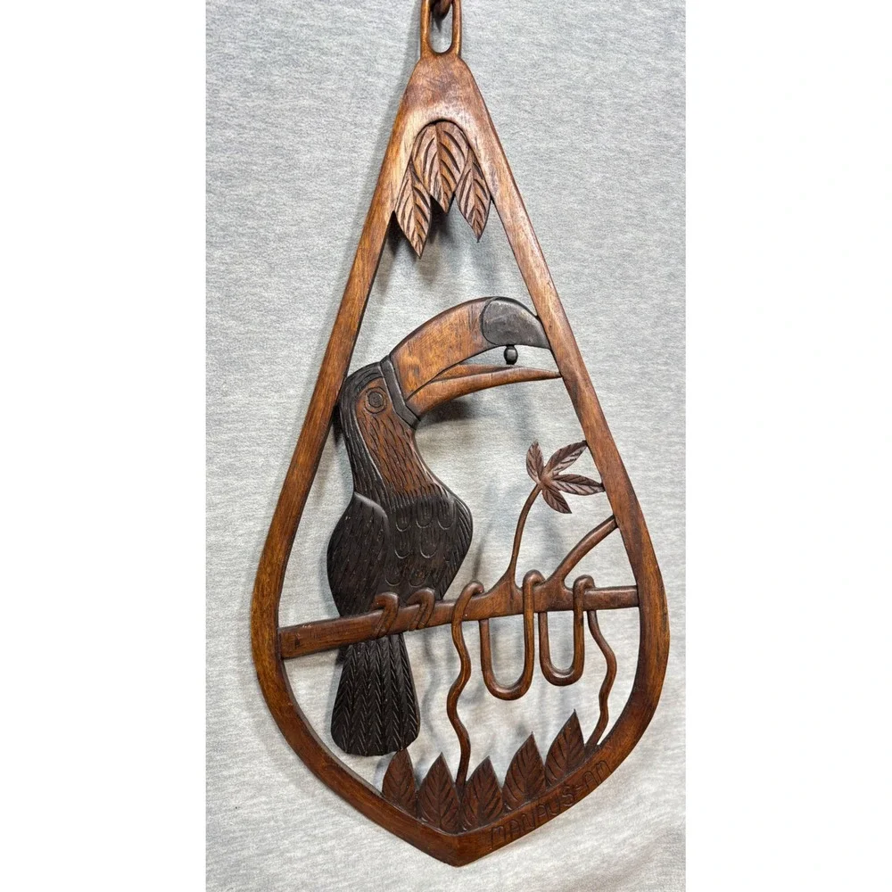 Vtg Toucan Wall Art Decor Wood Carving Manaus AM‎ Arinos Brazil Signed Handmade